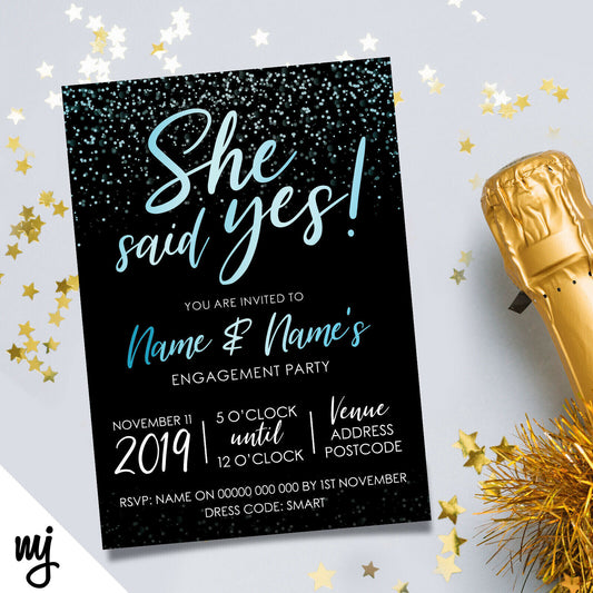 Personalised 'she Said Yes' Engagement Party Invitations | Black & Blue