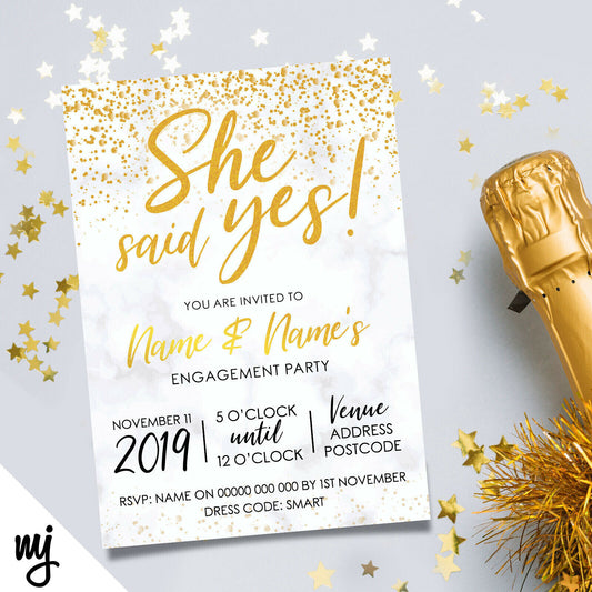 Personalised 'she Said Yes' Engagement Party Invitations | Gold Marble