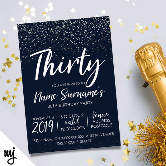Personalised 30th Birthday Party Invitations | Navy White Silver Glitter