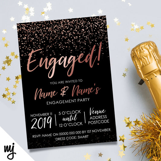 Personalised 'engaged' Engagement Party Invitations | Black Rose Gold