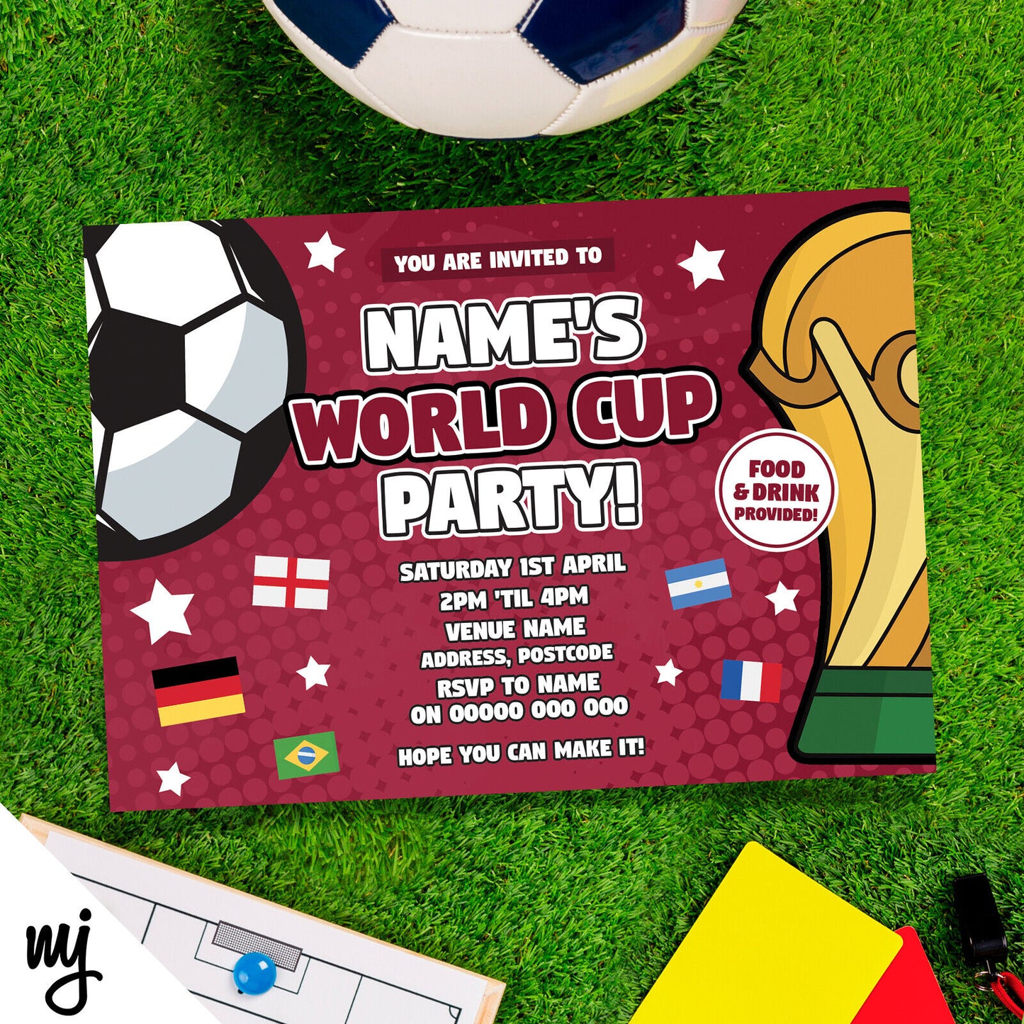 Personalised World Cup Football Birthday Party Invitations & Thank You Cards