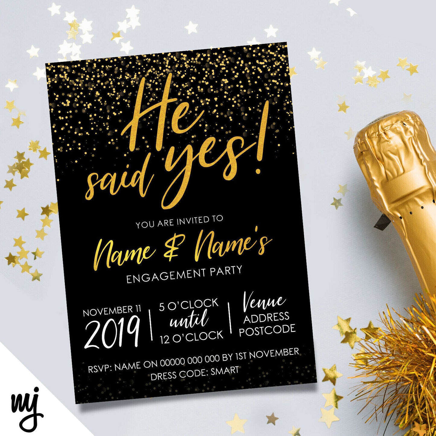 Personalised 'he Said Yes' Engagement Party Invitations | Black & Gold