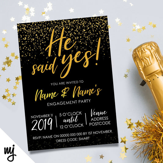 Personalised 'he Said Yes' Engagement Party Invitations | Black & Gold