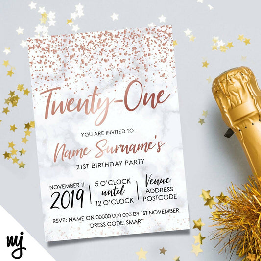 Personalised 21st Birthday Party Invitations | Marble Rose Gold Glitter Style