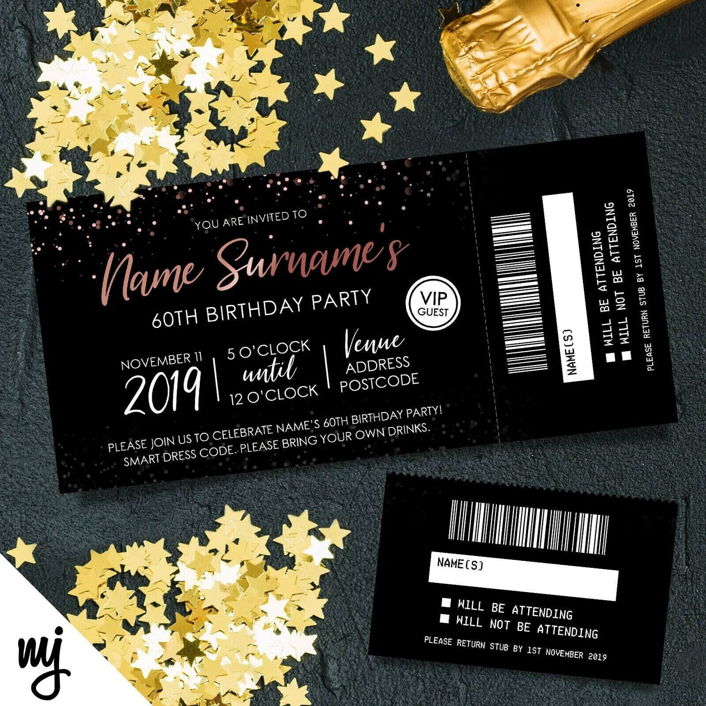 Personalised 60th Birthday Party Tickets Invitations | Perforated | Rose Gold