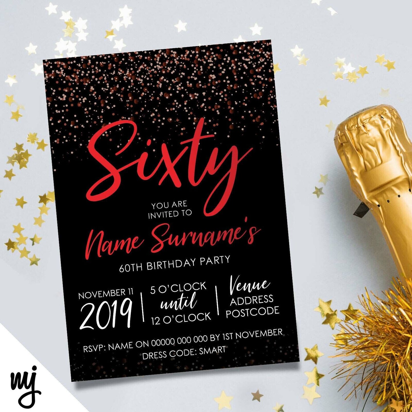 Personalised 60th Birthday Party Invitations | Black Dark Red Glitter Style