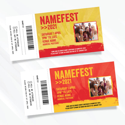 Personalised Festival Vip Ticket Style Invitations | Red / Yellow | Perforated