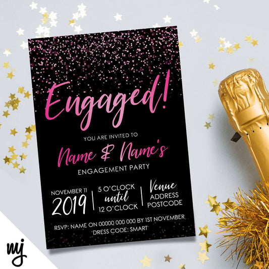 Personalised 'engaged' Engagement Party Invitations | Black & Hot Pink