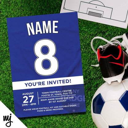 Personalised Blue Football Shirt Style Invitations | Kids/adults | Any Team!