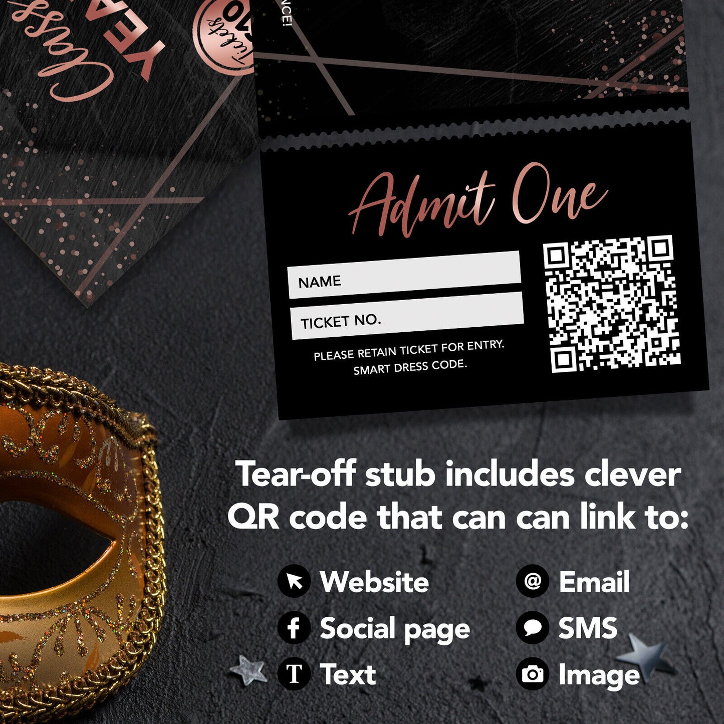 Custom Prom Party Ticket Printing | Perforated Stubs | Black Marble Rose Gold