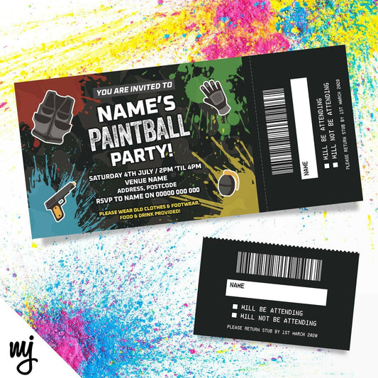 Personalised Paintball Party Ticket Style Birthday Invitations | Perforated Stub