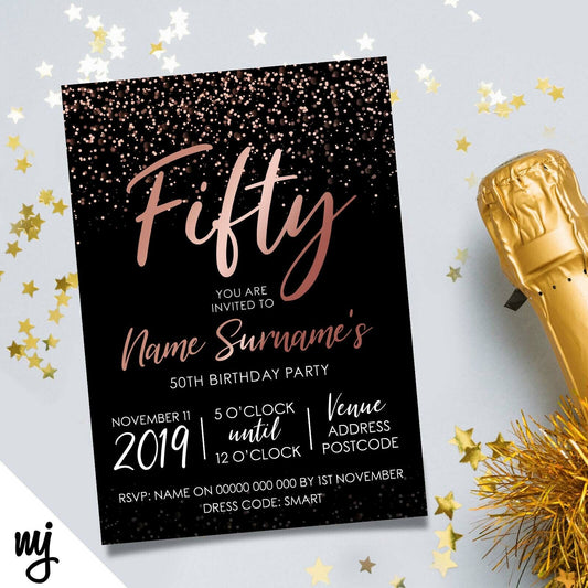 Personalised 50th Birthday Party Invitations | Black Rose Gold Glitter Style