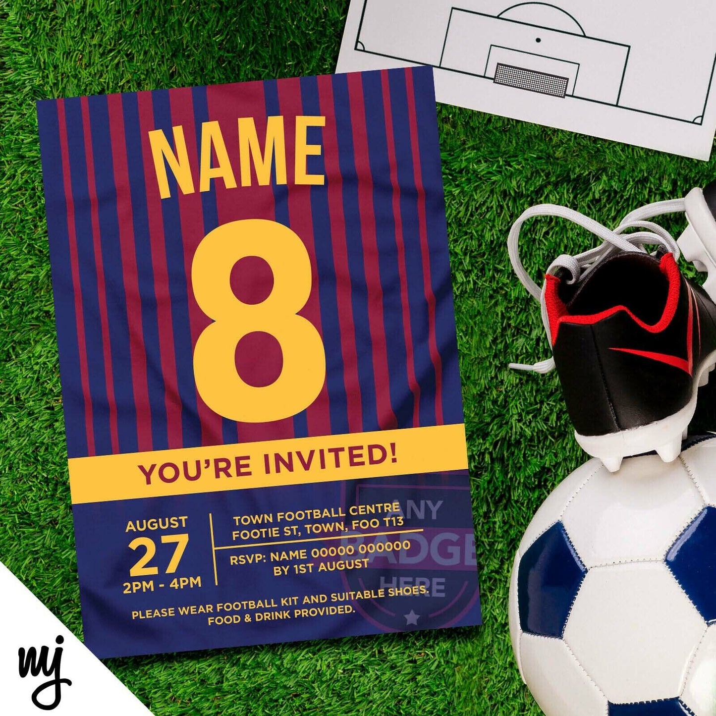 Personalised Maroon & Blue Football Shirt Style Invitations | Any Colours!