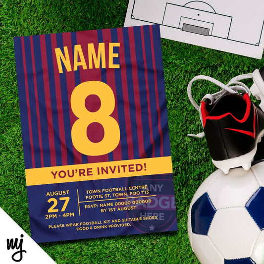 Personalised Maroon & Blue Football Shirt Style Invitations | Any Colours!