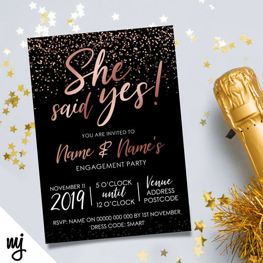 Personalised 'she Said Yes' Engagement Party Invitations | Black Rose Gold