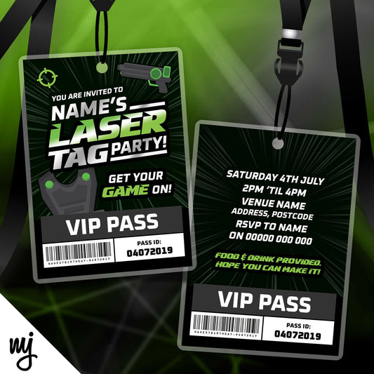 Personalised Laser Tag Party Style Vip Passes Lanyards Invitations Battle Pass