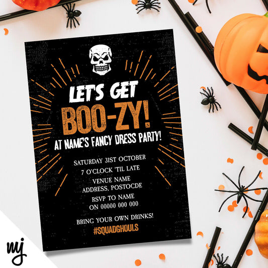 Personalised 'let's Get Boo-zy' Halloween Party Invitations | Adult Retro Style