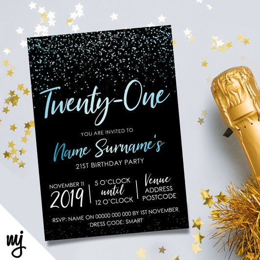 Personalised 21st Birthday Party Invitations | Black Blue Glitter Style