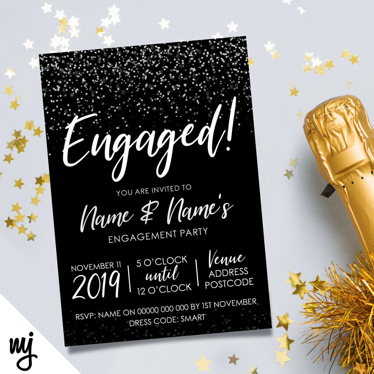 Personalised 'engaged' Engagement Party Invitations | Black & White