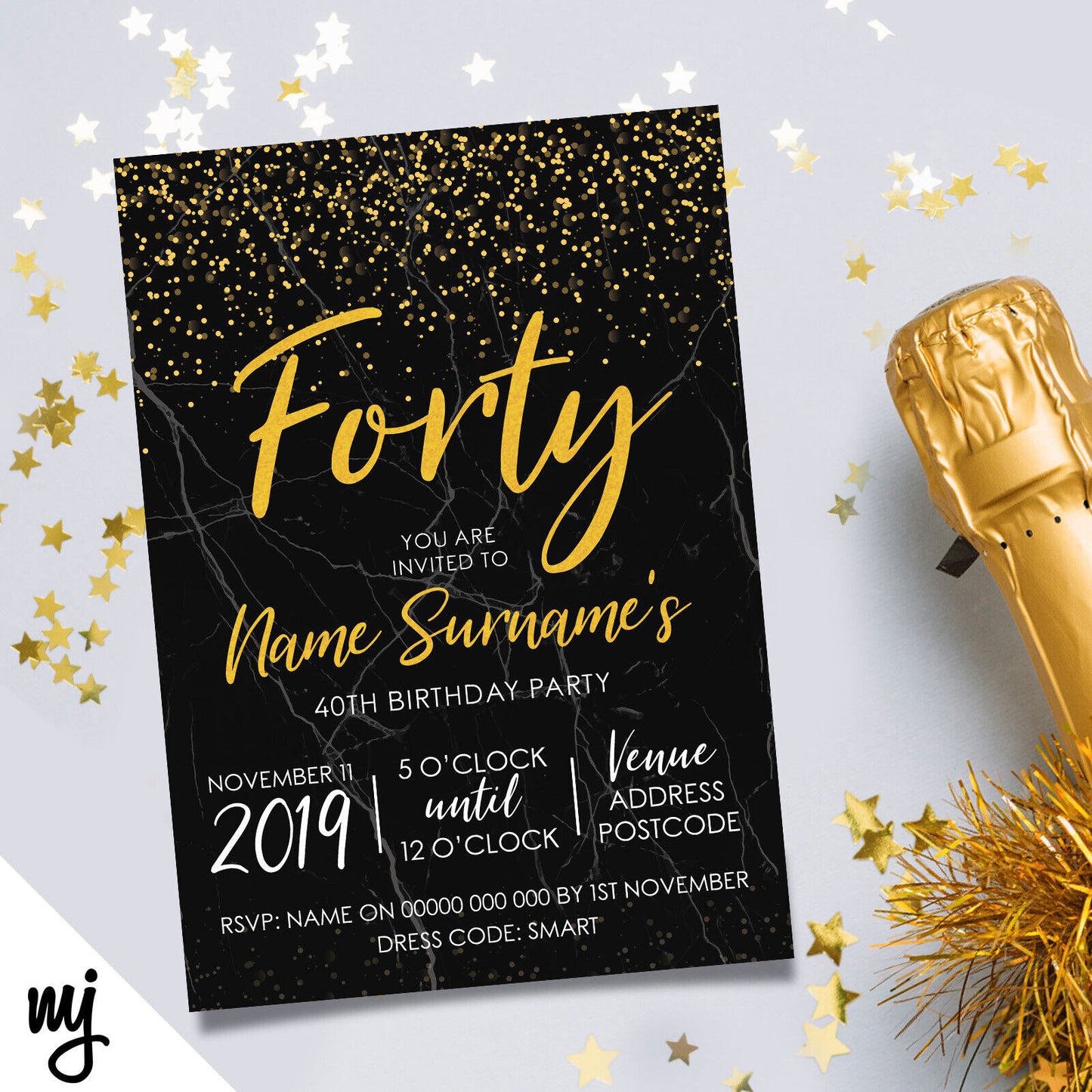 Personalised 40th Birthday Party Invitations | Black Marble Gold Glitter Style