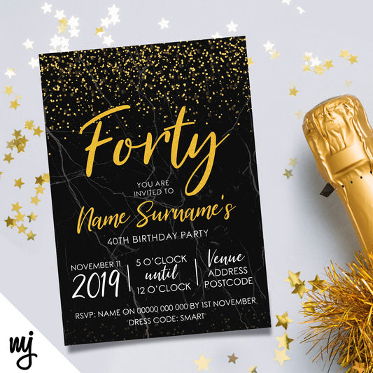 Personalised 40th Birthday Party Invitations | Black Marble Gold Glitter Style