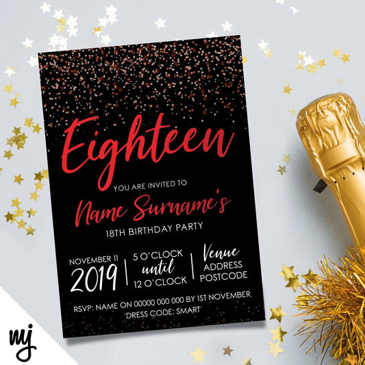 Personalised 18th Birthday Party Invitations | Black Dark Red Glitter Style