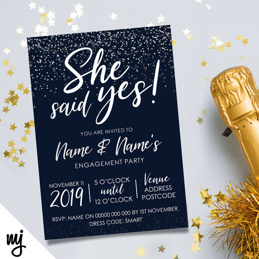 Personalised 'she Said Yes' Engagement Party Invitations | Navy & White