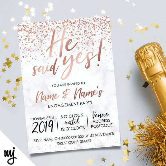 Personalised 'he Said Yes' Engagement Party Invitations | Rose Gold Marble