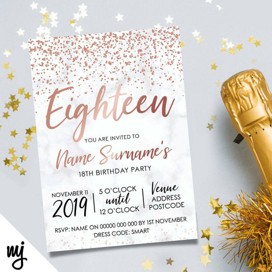 Personalised 18th Birthday Party Invitations | Marble Rose Gold Glitter Style