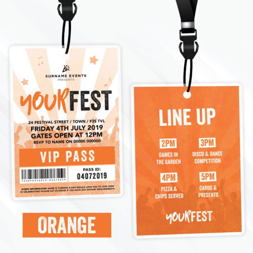 Personalised Festival Style Vip Passes Lanyards Birthday Party Invitations
