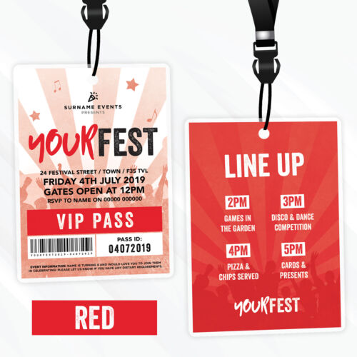 Personalised Festival Style Vip Passes Lanyards Birthday Party Invitations