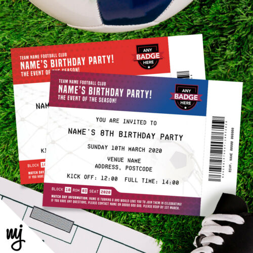 Personalised Football Ticket Style Party Invitations | Any Team! | Kids/adults!