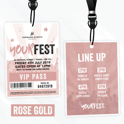 Personalised Festival Style Vip Passes Lanyards Birthday Party Invitations