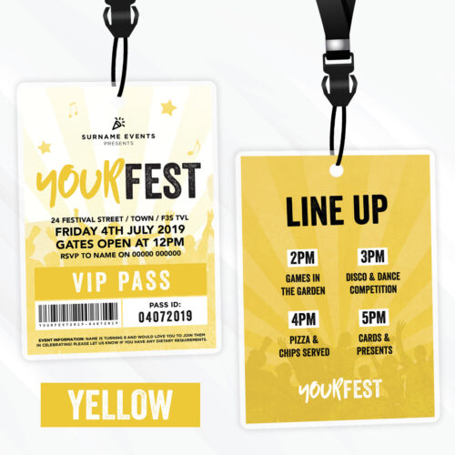 Personalised Festival Style Vip Passes Lanyards Birthday Party Invitations
