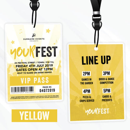 Personalised Festival Style Vip Passes Lanyards Birthday Party Invitations