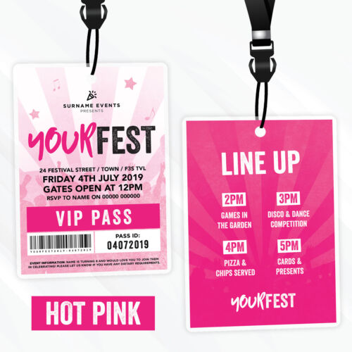 Personalised Festival Style Vip Passes Lanyards Birthday Party Invitations