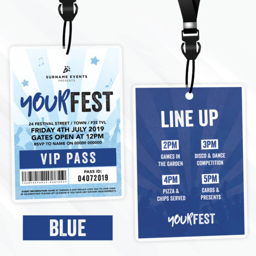Personalised Festival Style Vip Passes Lanyards Birthday Party Invitations