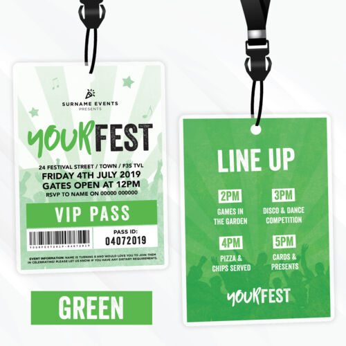 Personalised Festival Style Vip Passes Lanyards Birthday Party Invitations
