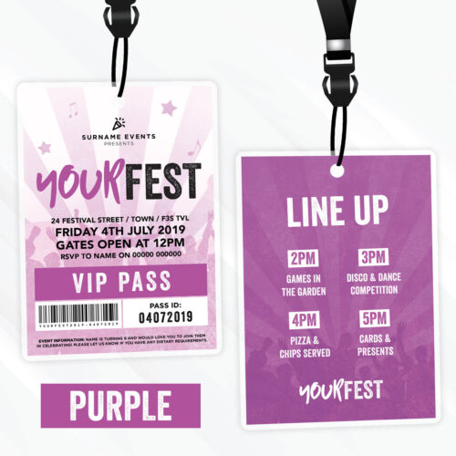 Personalised Festival Style Vip Passes Lanyards Birthday Party Invitations
